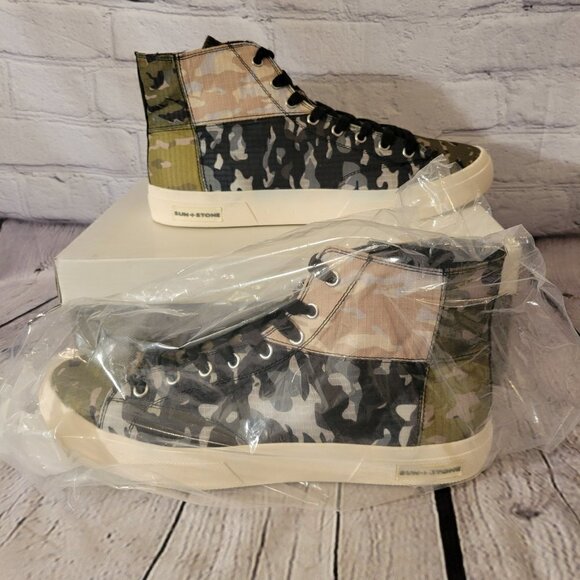 Sun Stone Mens Green Camouflage Colorblock Round Toe Platform Lace-up Sneakers - Picture 1 of 7